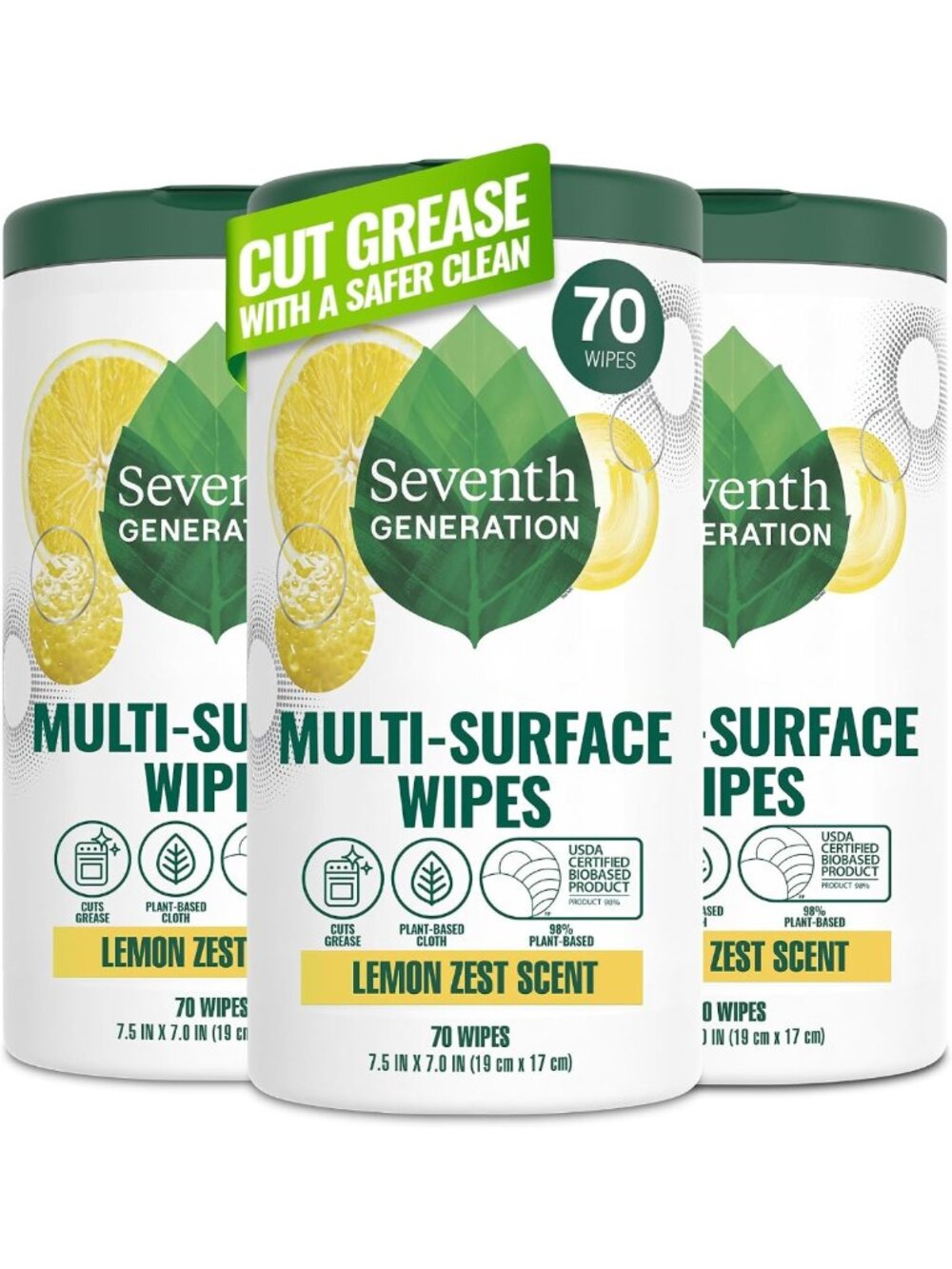 All-Purpose Cleaning Wipes - 3 Pack, Lemon Zest Scent, 100% Essential Oils, 70